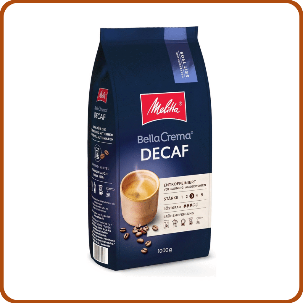 Melitta BellaCrema - Granos de café descafeinados enteros 1 kg, sin molido, granos de café para cafetera automática, sin cafeína, tostados suaves, tostados en Alemania, fuerza 3