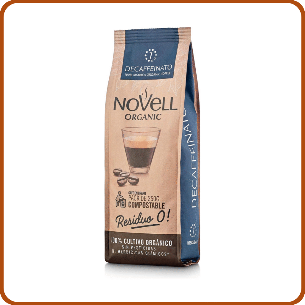 NOVELL - Café en Grano Descafeinado Natural Residuo 0 250g | Ecológico en Grano con Notas Cítricas y Florales | Uso Práctico con Compromiso Ambiental | Arábica 100% Ecológico de Calidad