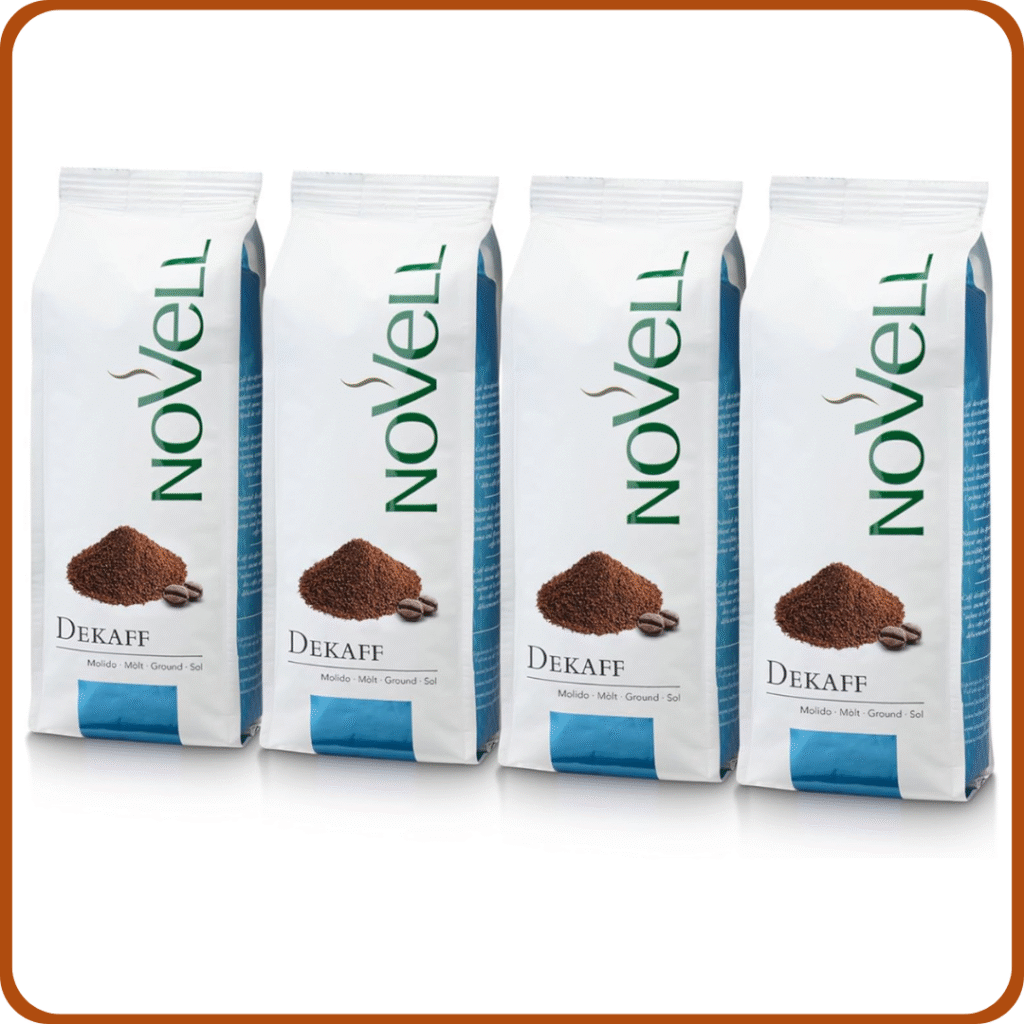 NOVELL - Café Descafeinado Molido Natural 100% Arábico 1kg | Café Descafeinado Molido para Experiencia Gourmet Premium | 4 Bolsas de 250 g | Fácil Uso con Válvula Unidireccional