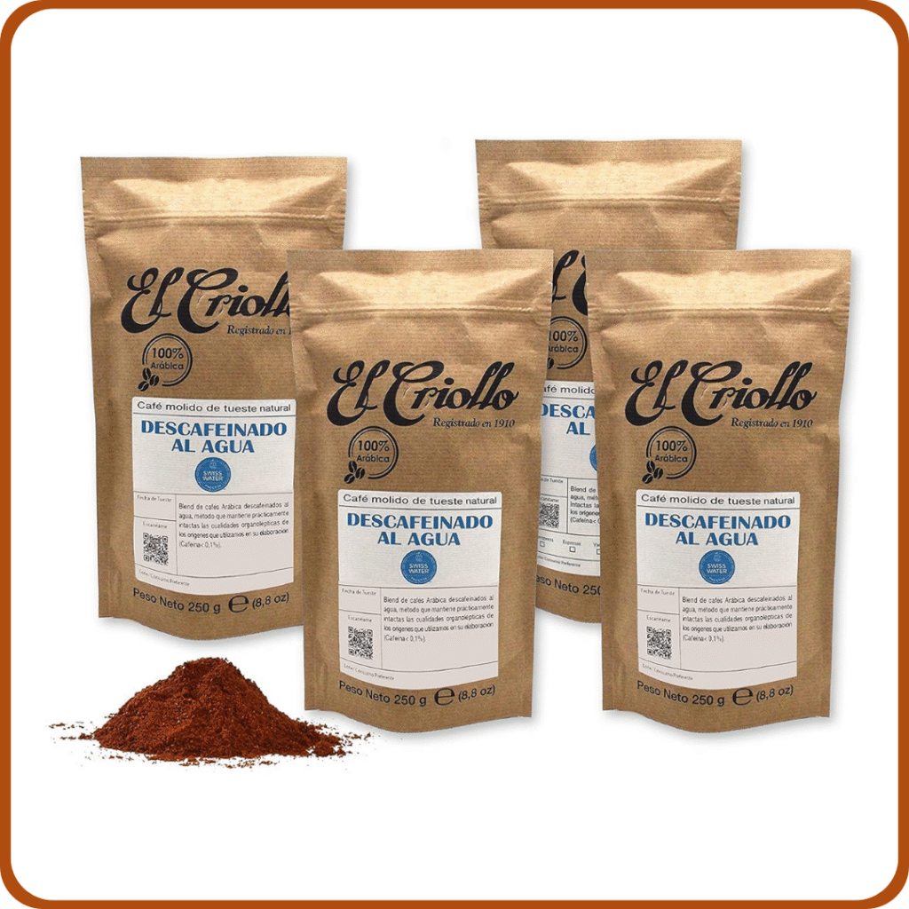Cafés El Criollo - Café MOLIDO Descafeinado al agua | Tueste Natural, 100% Arábica | Método SWISS WATER | Pack de 4x250g (1kg)