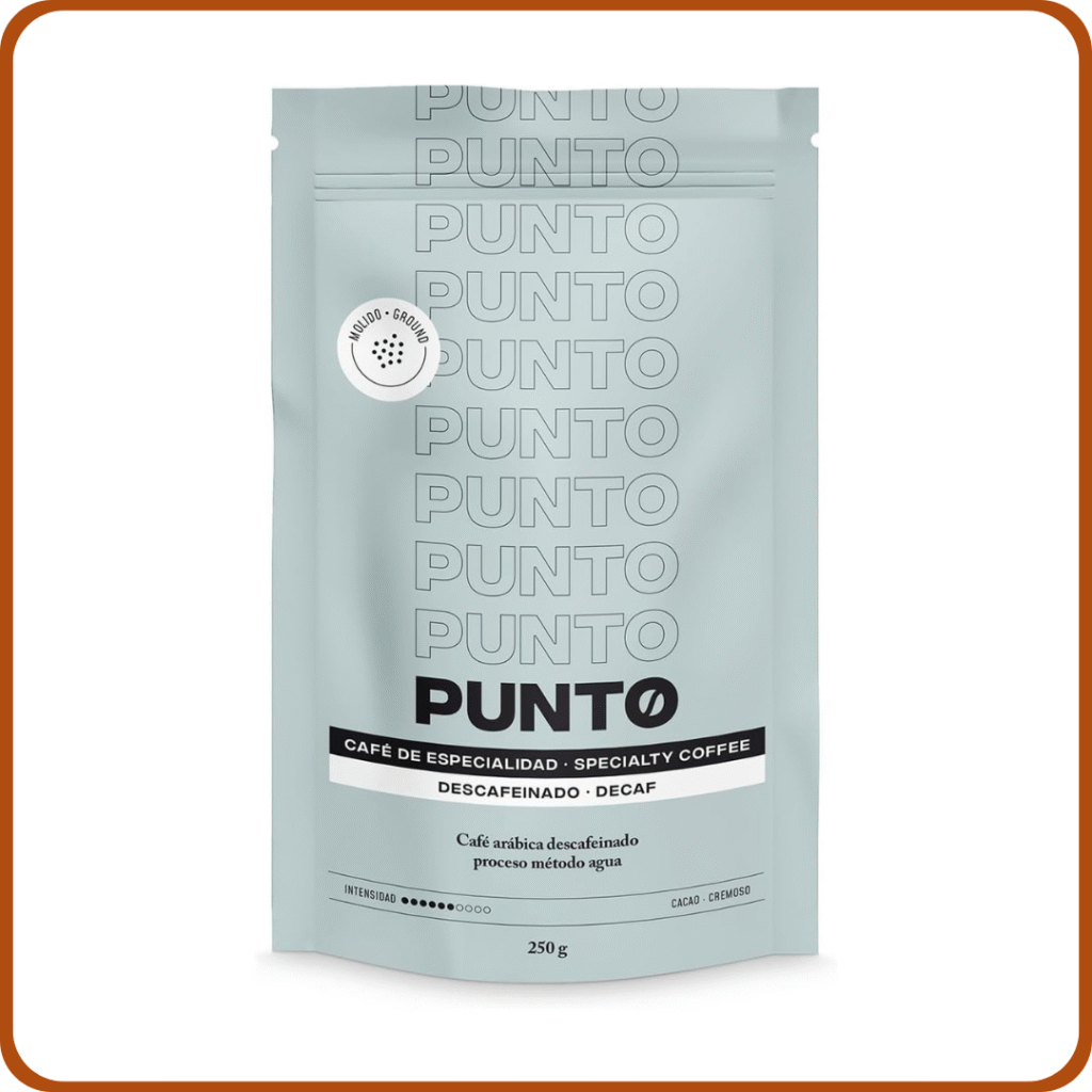 PUNTO - Café Descafeinado Molido - 250 g - Café de Especialidad - Water Decaf - 100% Arábica - Notas a Cacao - Sabor Chocolate Dulce - Cuerpo Medio