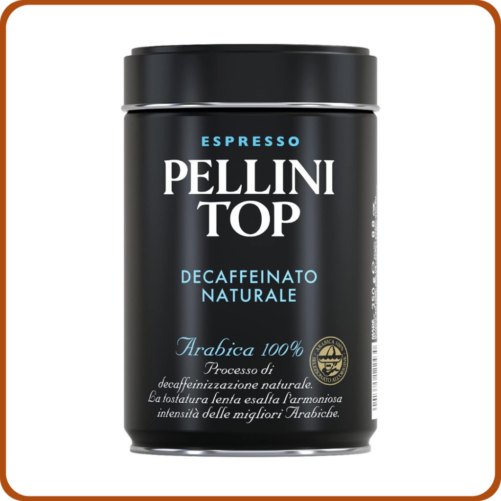 Pellini Top Descafeinado Natural, Café Descafeinado Molido para Moka con Notas de Caramelo y Chocolate, Mezcla 100% Arábica, Envase de 250g