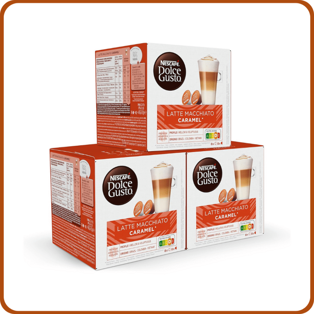 NESCAFÉ Dolce Gusto Latte Macchiato Caramel - Cápsulas de Café, 48 Cápsulas (3 x 16), 8 tazas de café (24 cáps, por taza) - Sabor a caramelo - Originales para cafeteras Dolce Gusto