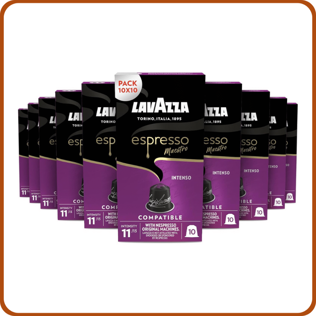 Lavazza, Espresso Maestro Intenso, Cápsulas de Café Compatibles con Máquinas Nespresso Original, con Notas de Galletas, Arábica y Robusta, Intensidad 11/13, Tueste Medio, 10 Paquetes de 10 Cápsulas