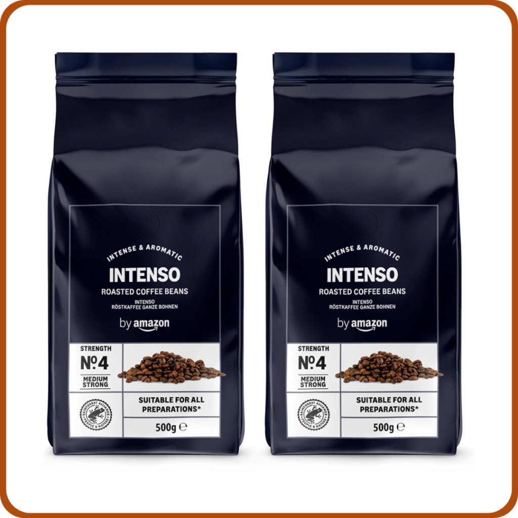 by Amazon - Café en grano natural Caffè Intenso, tueste claro, Cafeinado, 500g, (Paquete de 2), certificado Rainforest Alliance