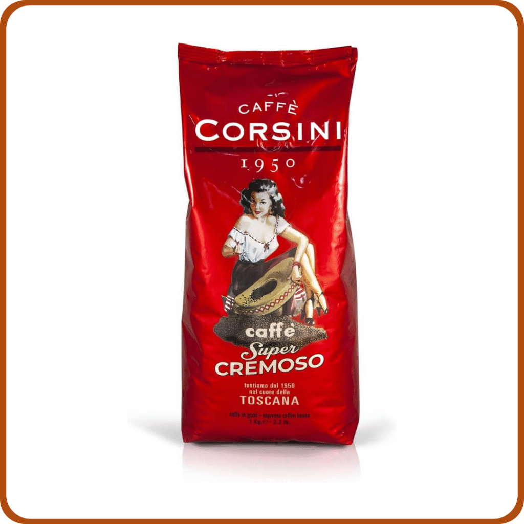 Café Corsini en Granos, Súper Cremoso. Envase de 1 kg. Selección de granos para un café fuerte y de una agradable cremosidad