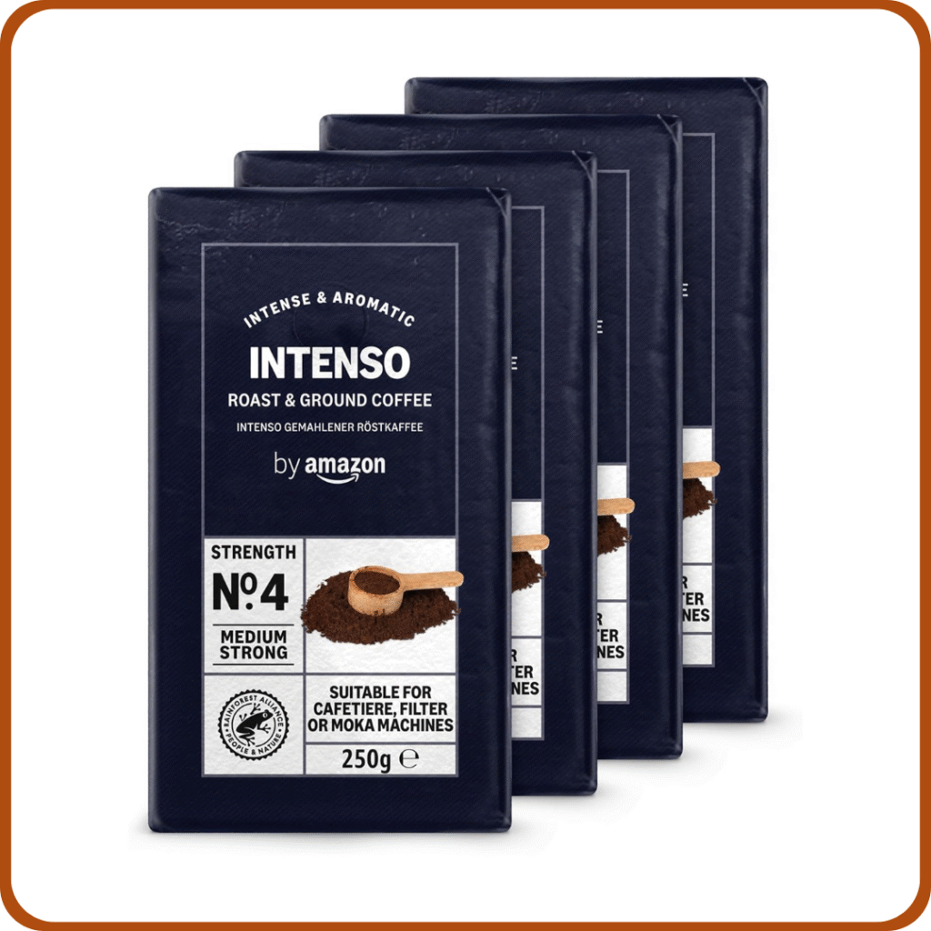 by Amazon Café molido Natural Caffè Intenso, Tueste medio, 1 kg (4 Paquetes de 250 g) - Certificado por Rainforest Alliance