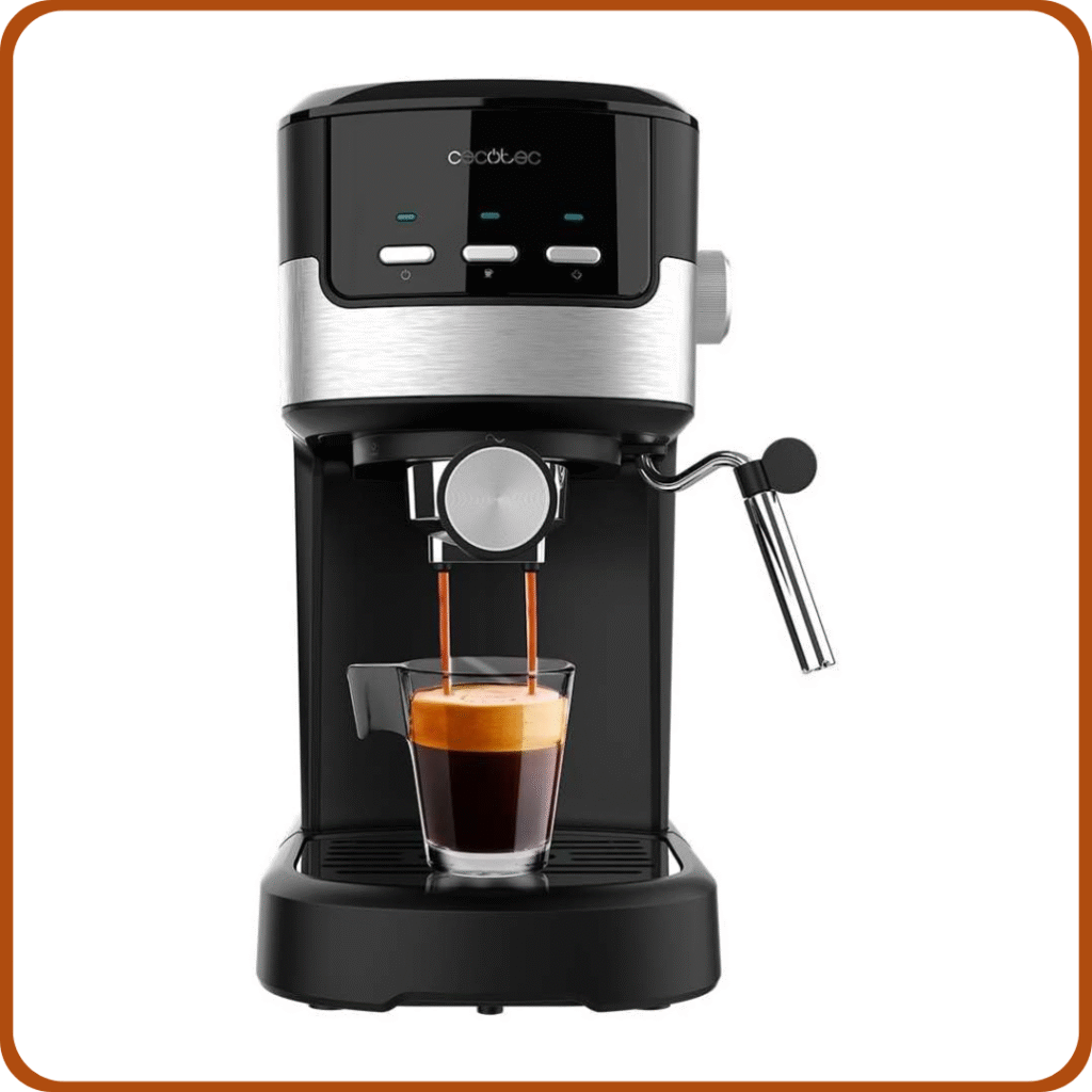 Cecotec Cafetera Espresso Compacta Power Espresso 20 Pecan. 1100W, 20 Bares, Sistema Thermoblock, Vaporizador Orientable, Brazo Portafiltros con Doble salida y 2 Filtros, 1,25 Litros 