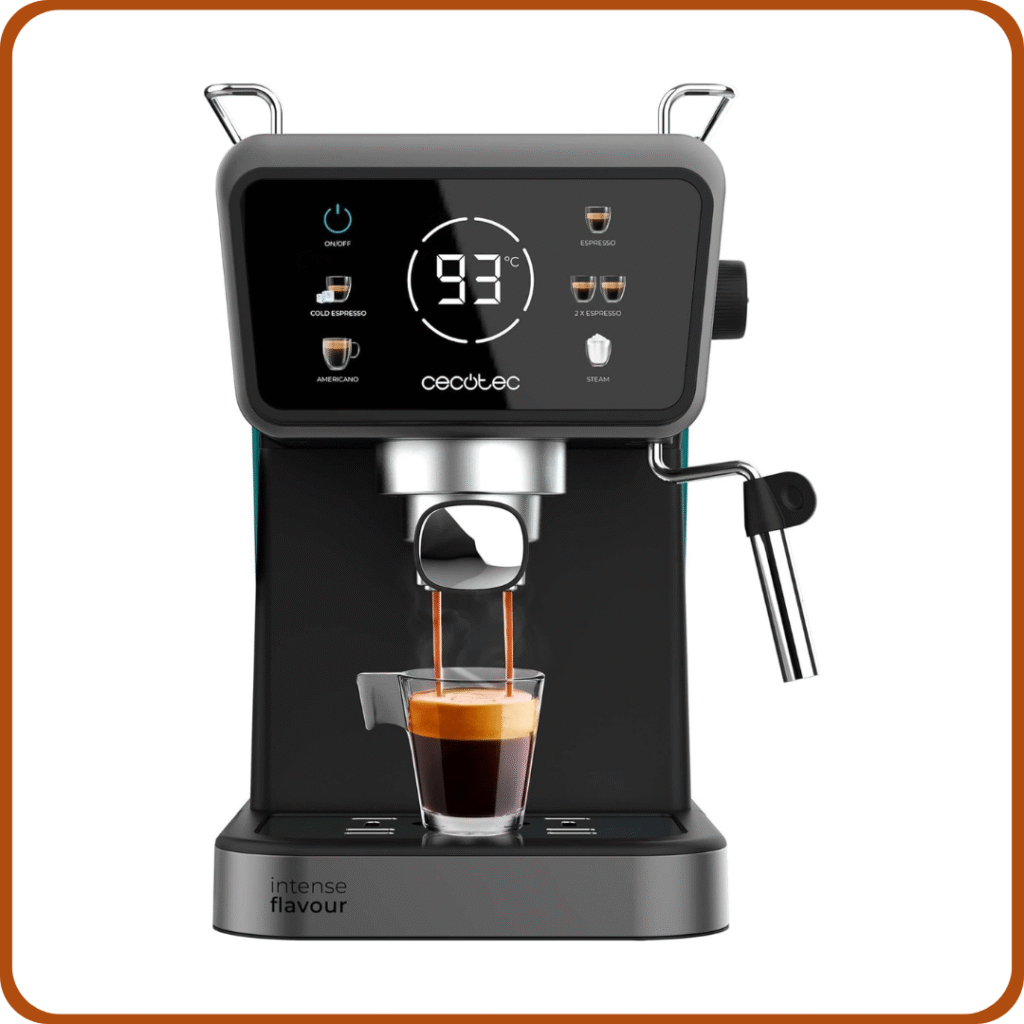 Cecotec Cafetera Express Power Espresso Touch ColdBrew. 1350W, Café en Frío, Espresso y Cappuccino, 20 Bares de Presión, Vaporizador Orientable, Táctil, Depósito de Agua 1,5L, Calientatazas 