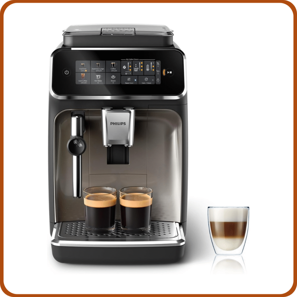 Philips Serie 3300 Cafetera Superautomática, Espumador de leche clásico, 5 tipos de café, SilentBrew, Molinillo Cerámico, pantalla táctil, cromo negro (EP3326/90)