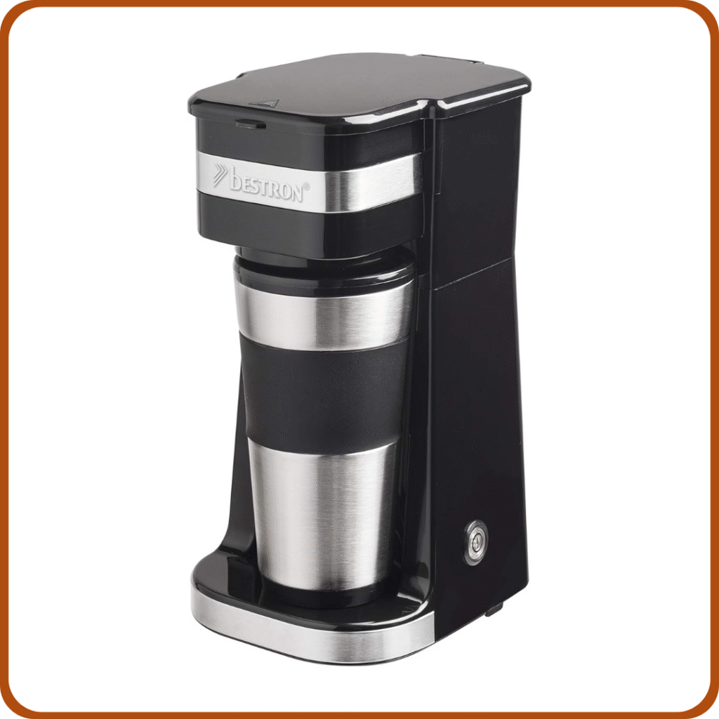 Bestron Cafetera, Cafetera goteo con taza aislada, para café de filtro molido, 2 tazas grandes, 750 vatios, acero inoxidable, 0,42 litros, color: negro