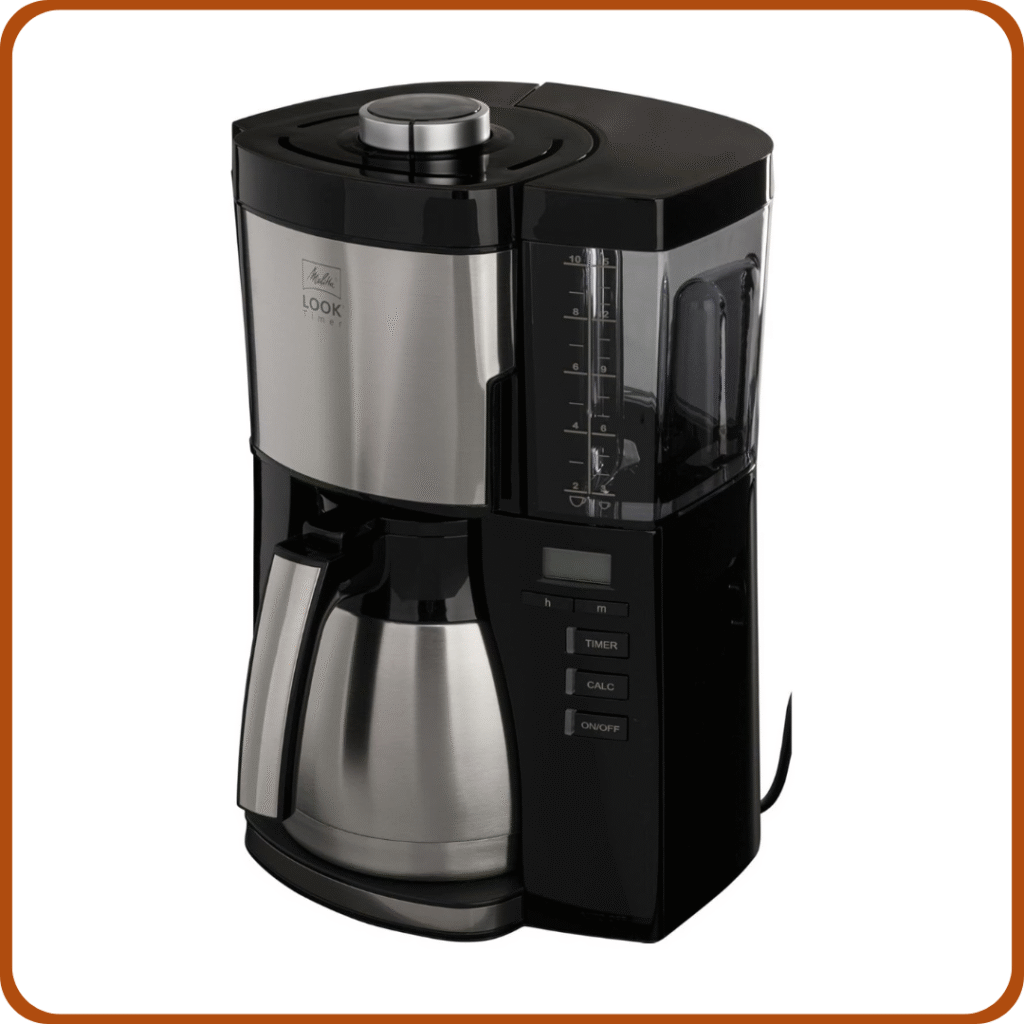 Melitta Look V Timer 1025-18 - Cafetera de goteo con jarra de acero inoxidable, cafetera de filtro con temporizador, máquina de café para 10 tazas con protección antical, negro