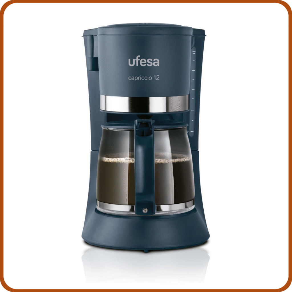 Ufesa Capriccio Cafetera de Goteo 12, Jarra 1.2L, 12 Tazas, 680W, Filtro Permanente, Placa Calefactora Antiadherente, Sistema Antigoteo, Auto Apagado, Azul/Verdoso