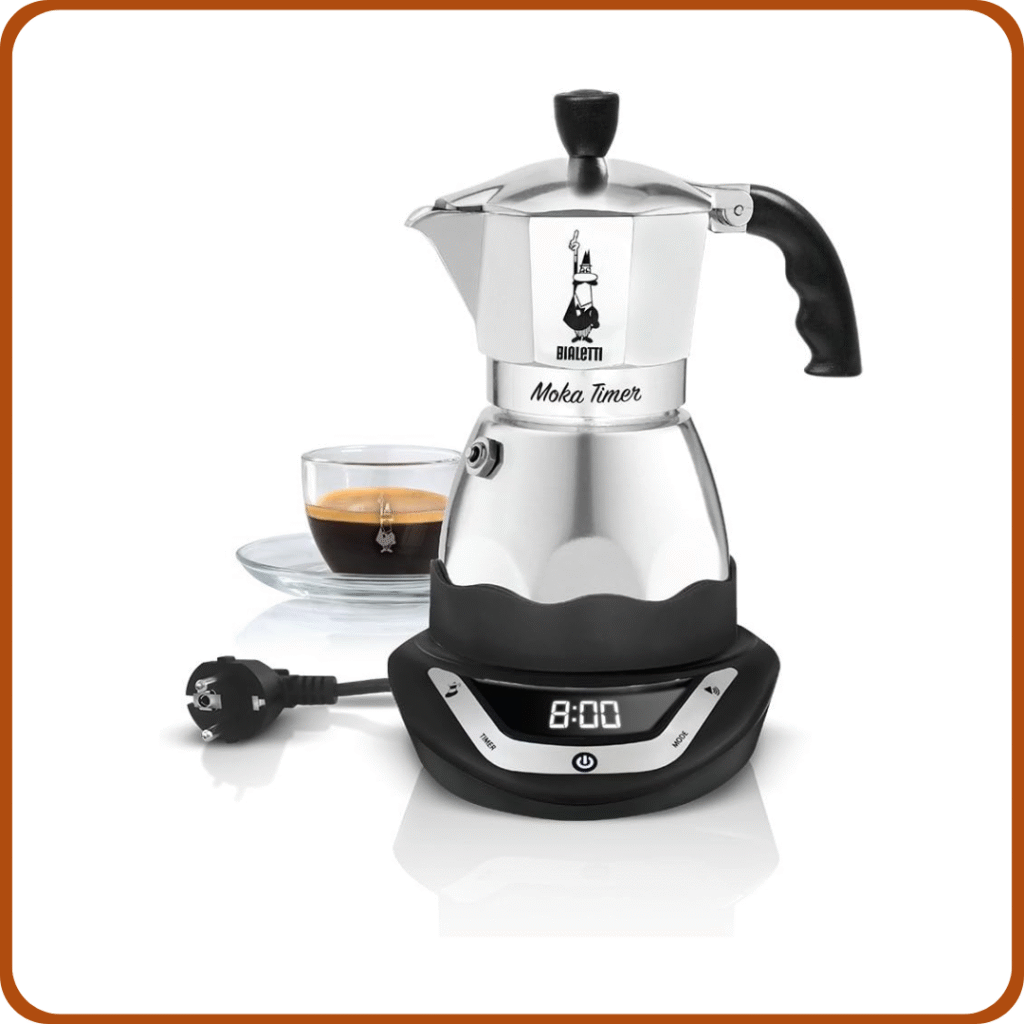 Bialetti Eléctrico Moka Temporizador, Capacidad por 6 Carribas, 365W, Plata / Negro