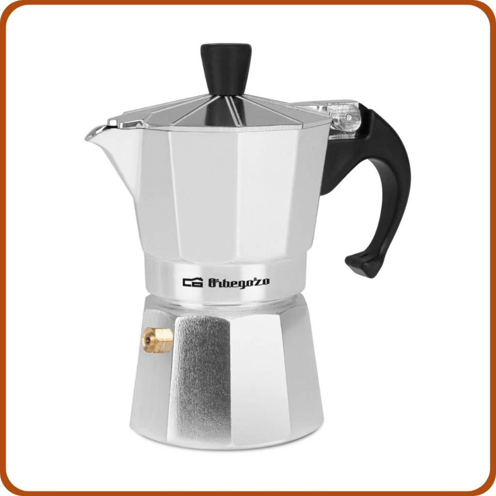 Orbegozo KF 200, Cafetera italiana, 2 tazas, mango ergonómico, apta para cocinas de gas, eléctricas y de vitrocerámica, aluminio, válvula seguridad 