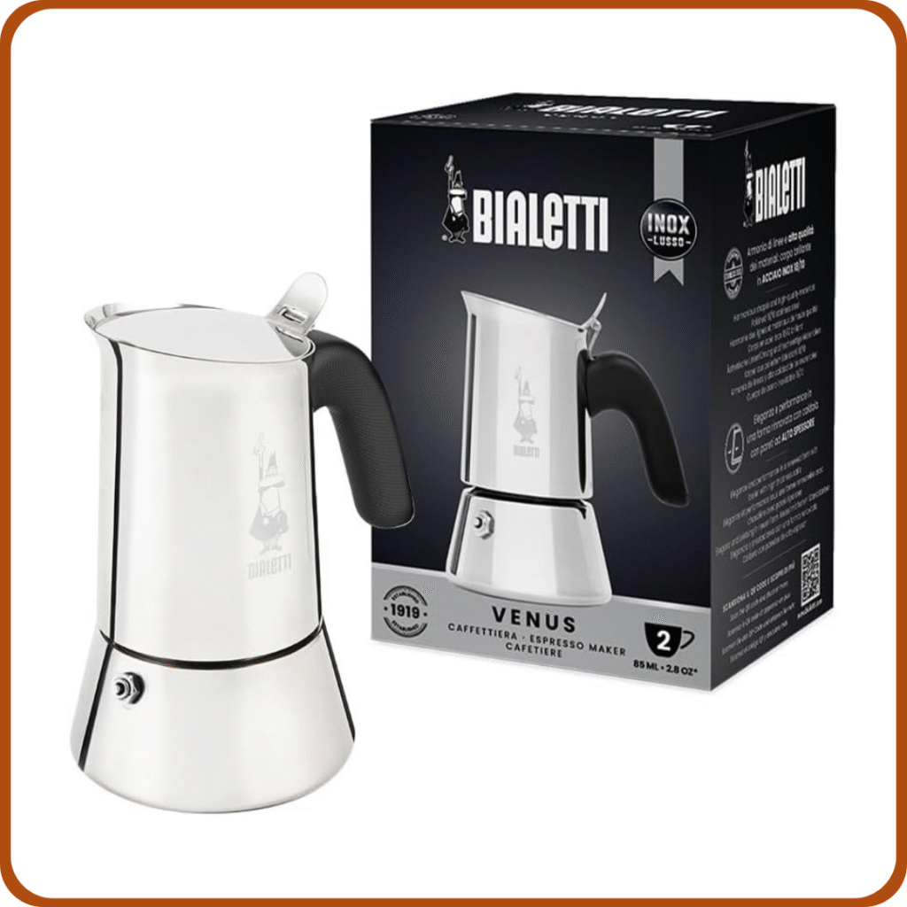 Bialetti Cafetera Venus, Mango Anti-escaldaduras, No Apta para Inducción, 2 Tazas (85ml), Acero Inoxidable 