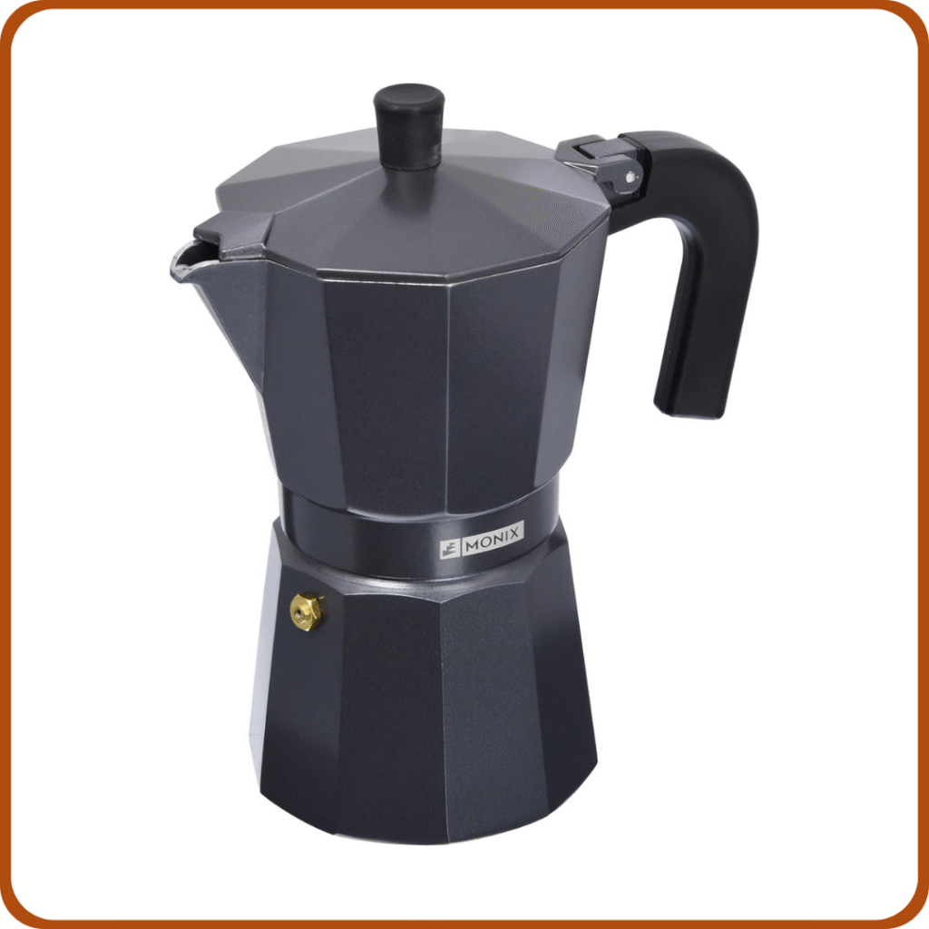 MONIX Vitro Noir Cafetera italiana de aluminio 6 tazas, Apta para todo tipo de cocinas salvo inducción, Color negro 