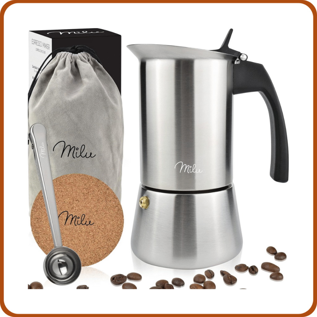 Milu Cafetera Italiana inducción| 2, 4, 6, 9 Tazas | Cafetera Moka de Acero Inox, Expresso Maker - Set comprensivo di sottobicchiere, cucchiaio, spazzola (4 tazas, 200ml) 
