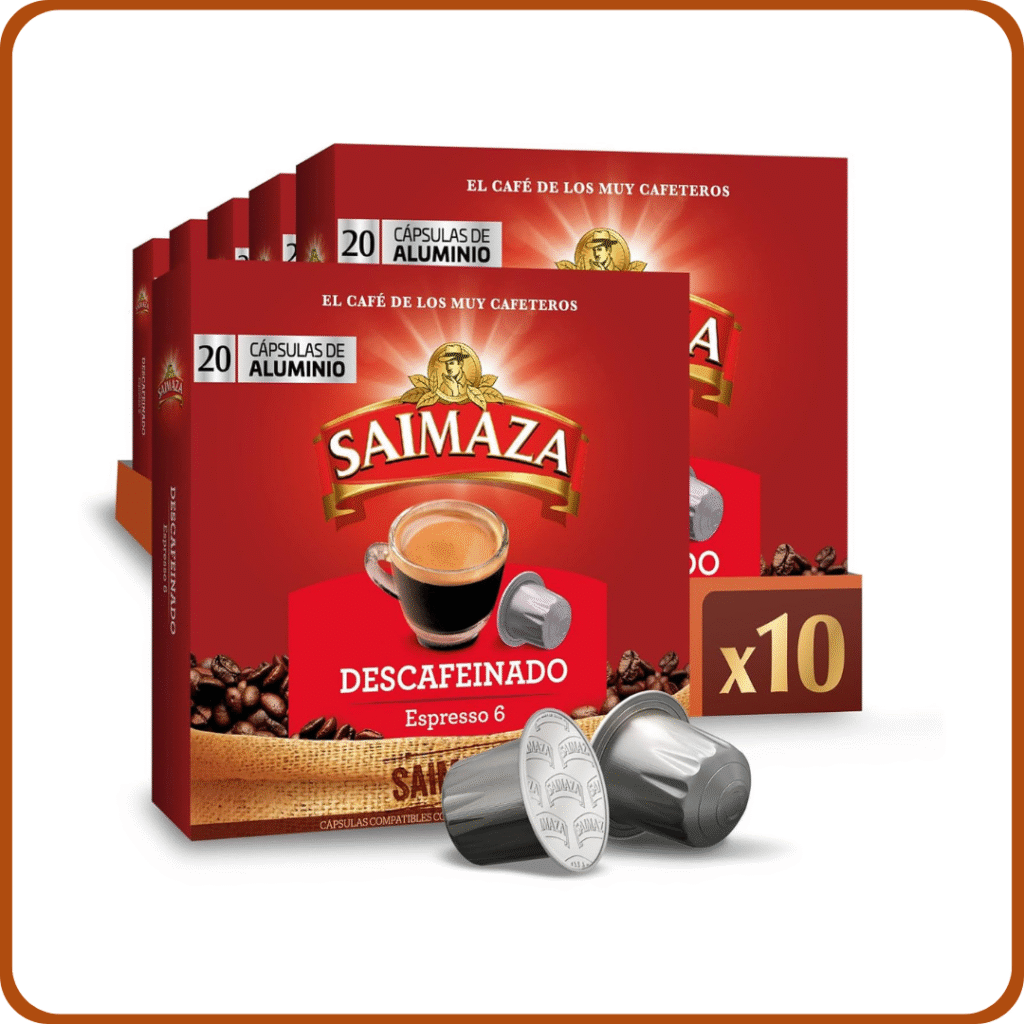 Saimaza Café Descafeinado Espresso 6 - 200 cápsulas de aluminio compatibles con máquinas Nespresso (R)* (10 Paquetes de 20 cápsulas) - Amazon Exclusive