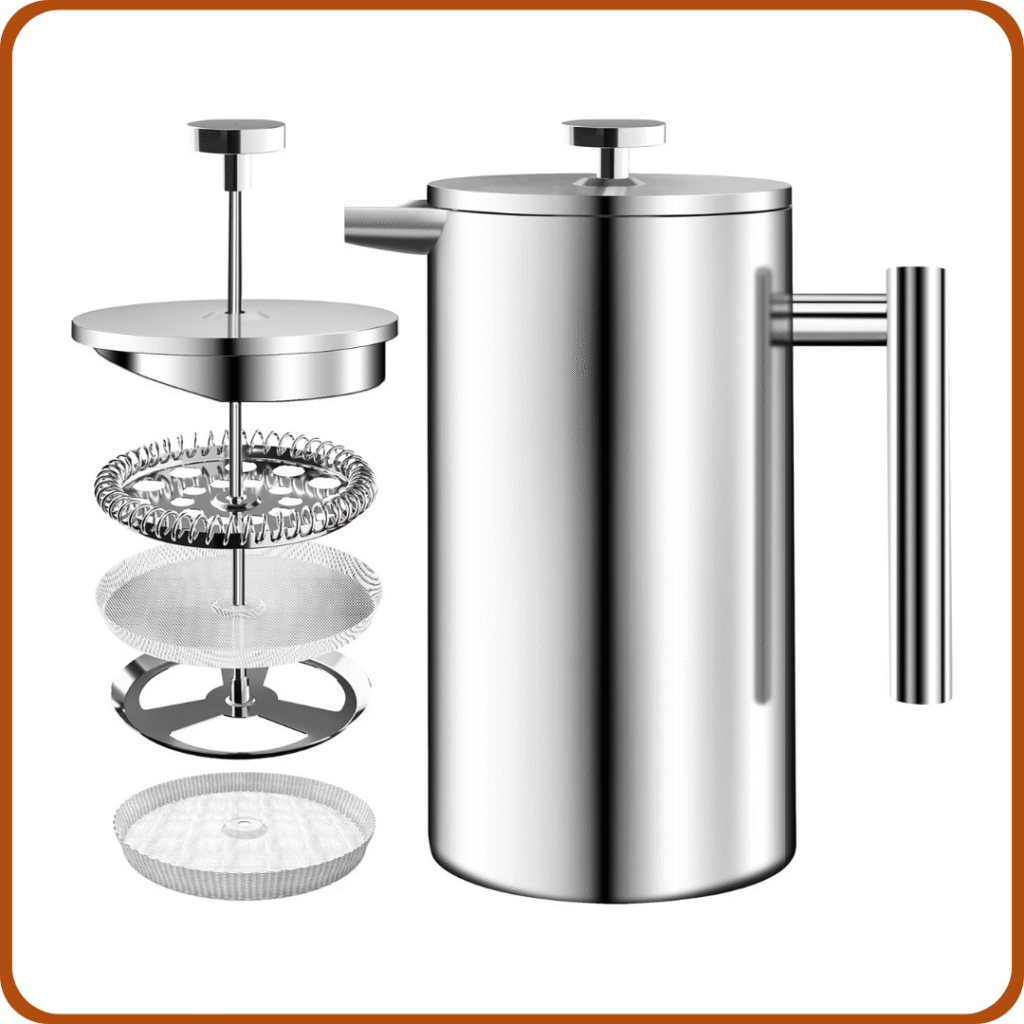 KICHLY Cafetiere Cafetera de prensa francesa de acero inoxidable de 8 tazas, prensa de café con sistema de filtración de 3 niveles, cafetera aislada de doble pared con 1 filtro adicional - 1000 ml -