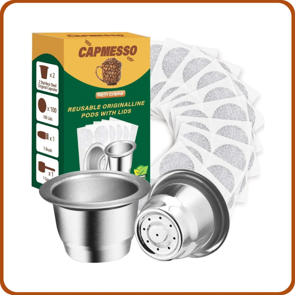 CAPMESSO Cápsula de Café Reutilizables,Capsulas Reutilizables Cápsula café acero inoxidable Compatible con Nespresso OriginalLine (2 Cápsulas+100 Tapas) 