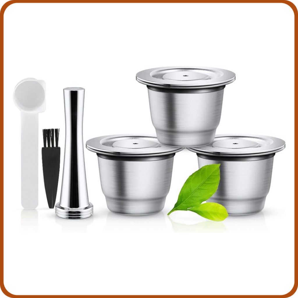 i Cafilas Cápsulas reutilizables de acero inoxidable para Nespresso, 3 unidades cápsula recargables, 1 prensador, 1 cuchara y 1 cepillo