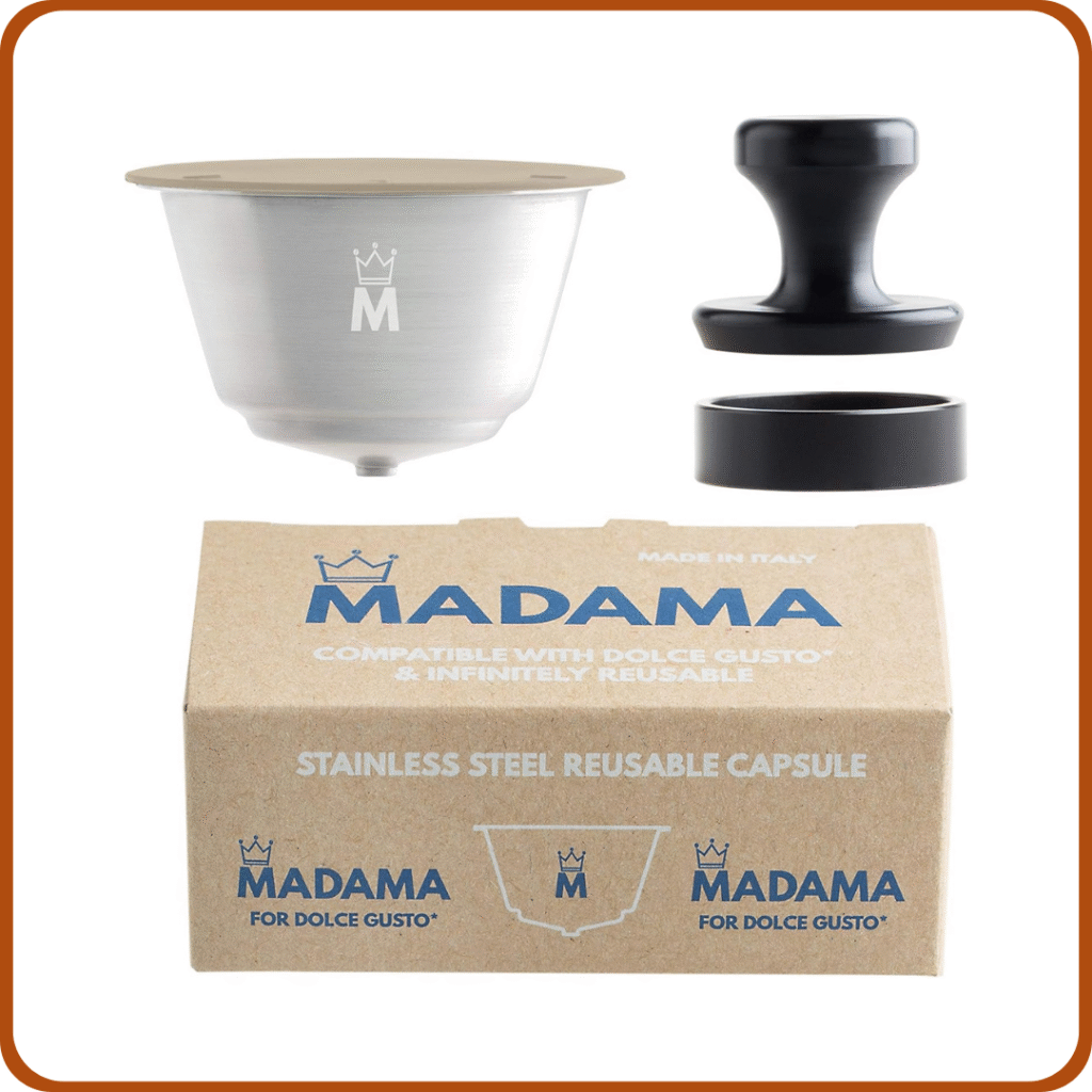 Madama - Cápsulas recargables y reutilizables compatibles con Dolce Gusto. Acero inoxidable y silicona apta para alimentos. 100% fabricado en Italia. Paquete de una cápsula 