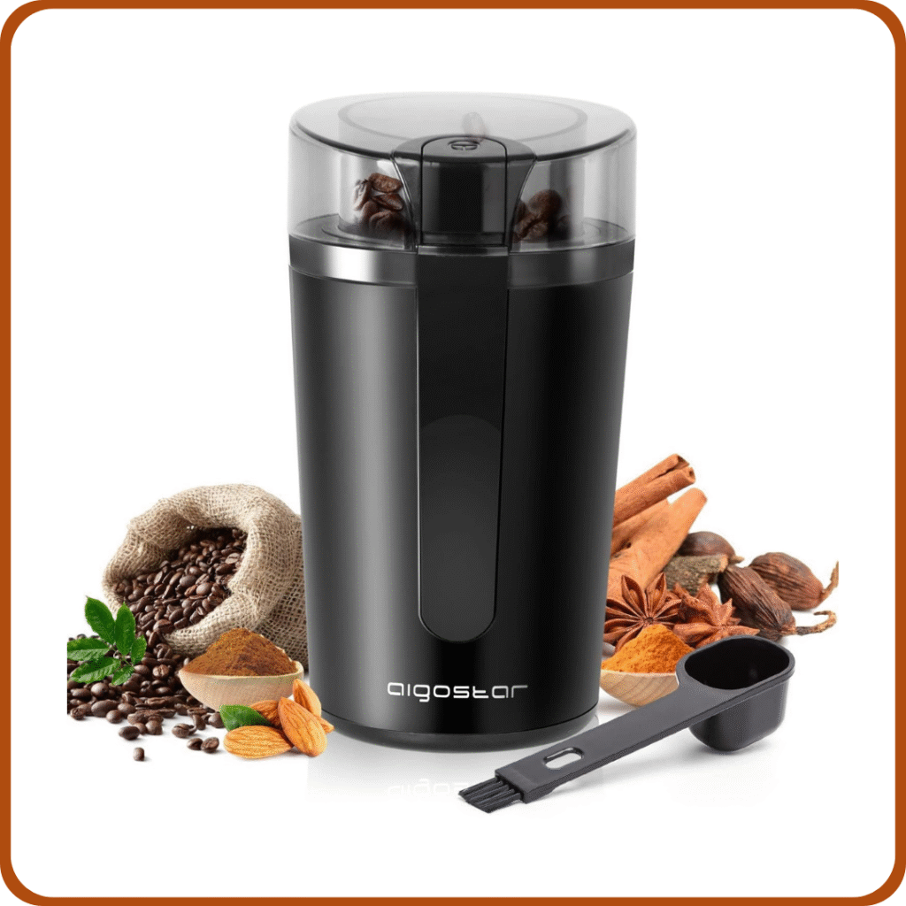 Aigostar Molinillo de Café Eléctrico, con Cuchilla de Acero Inoxidable, Semillas Especias Frutos Secos Molinos de Cuchillas de 200W Potencia, Capacidad 60gr con Cepillo para Limpieza, Libre de BPA 