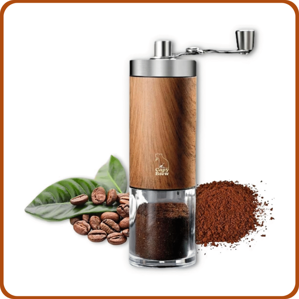Capy Brew – Molinillo de café manual premium efecto madera | Molinillo silencioso de acero con mecanismo cerámico | Coffee grinder para todo tipo de café | Molinillo cafe manual para casa y exteriores