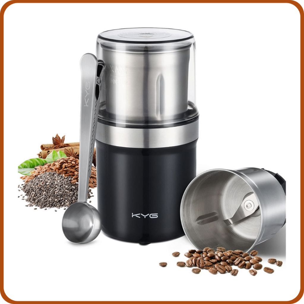 KYG Molinillo de café Molinillo eléctrico para Semillas, Pimienta, Semillas de Lino con tazón extraíble Molinillo de Especias Taza de Acero Inoxidable Lavable de 300W 