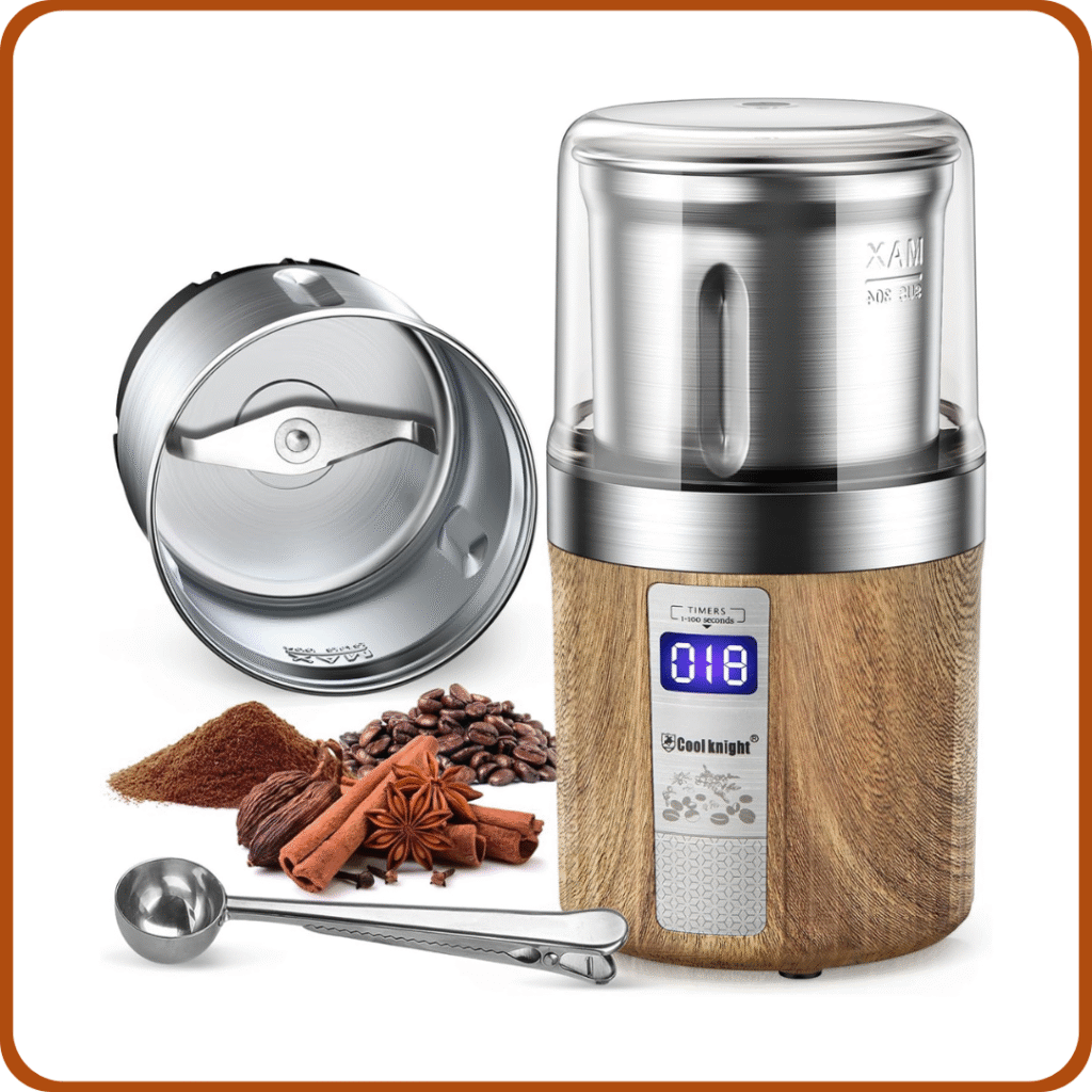 COOL KNIGHT Molinillo Cafe Electrico, Molinillo Café Con Contador Y 1 Taza De Molienda De Acero Inoxidable, Molinillo De Especias Con Capacidad De 100g, Apto Para Especias, Granos De Café,Nueces,Etc. 