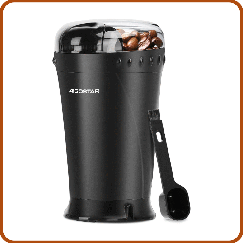 Aigostar Molinillo de Café Eléctrico, Molino Cafe Cereales con Cuchillas Acero Inoxidable, Capacidad 60gr con Cepillo para Limpieza, Tapa Transparente, Libre de BPA, 200W, Negro 